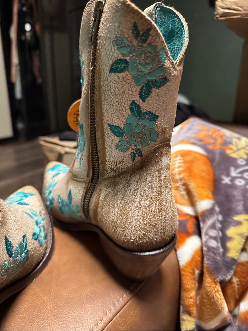 Corral Beige Suede Ankle Boots with Turquoise Floral Embroidery - Picture 5 of 7